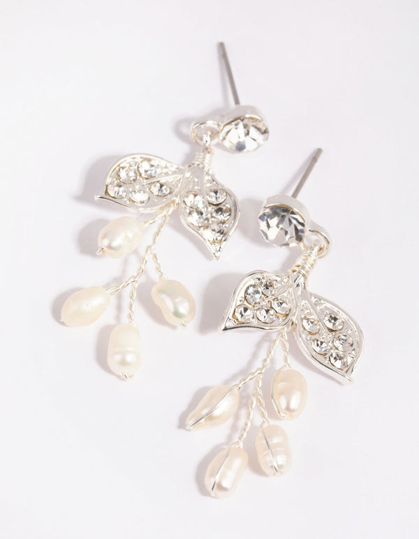 Silver Diamante and Pearl Wire Necklace and Earrings Set
