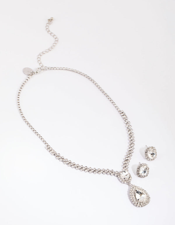 Rhodium Teardrop Surrounded Necklace and Earrings Set