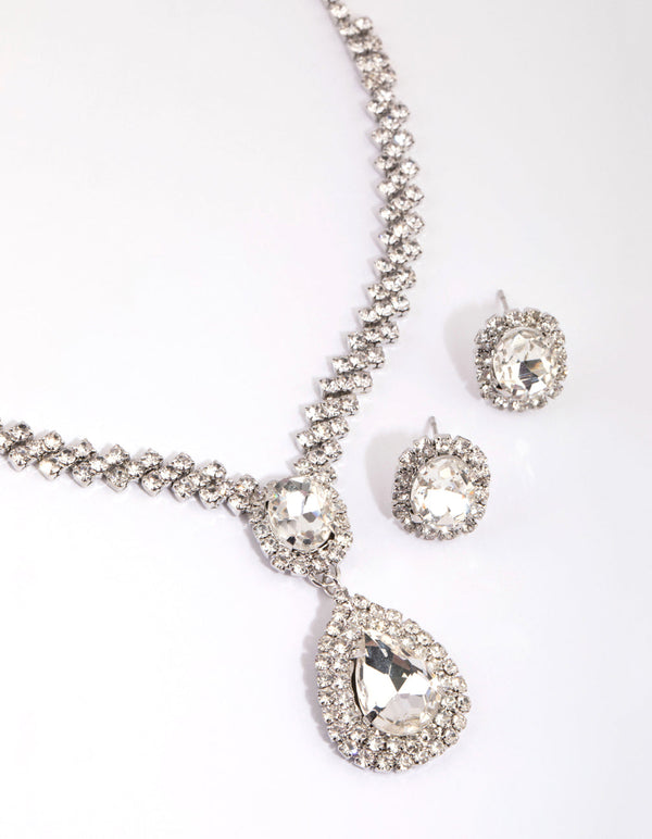 Rhodium Teardrop Surrounded Necklace and Earrings Set