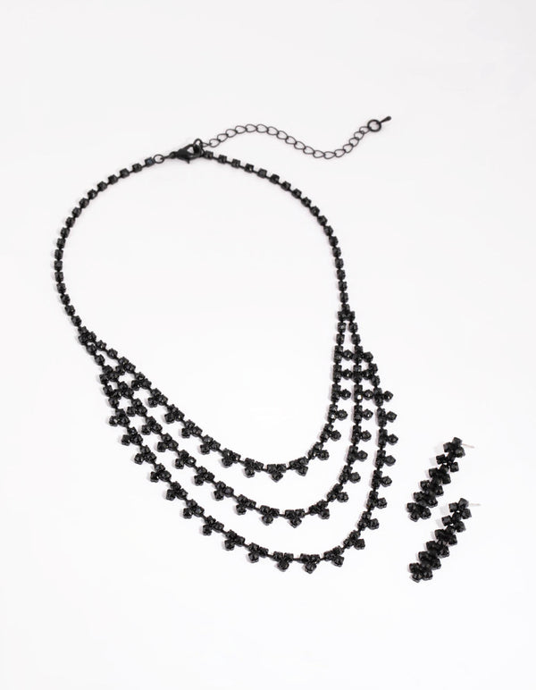 Matte Black Diamante Necklace and Earrings Set