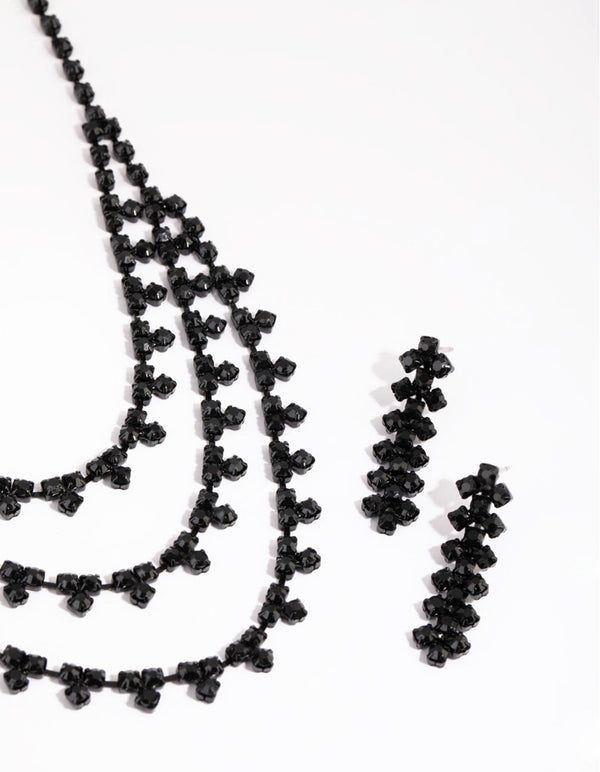 Matte Black Diamante Necklace and Earrings Set