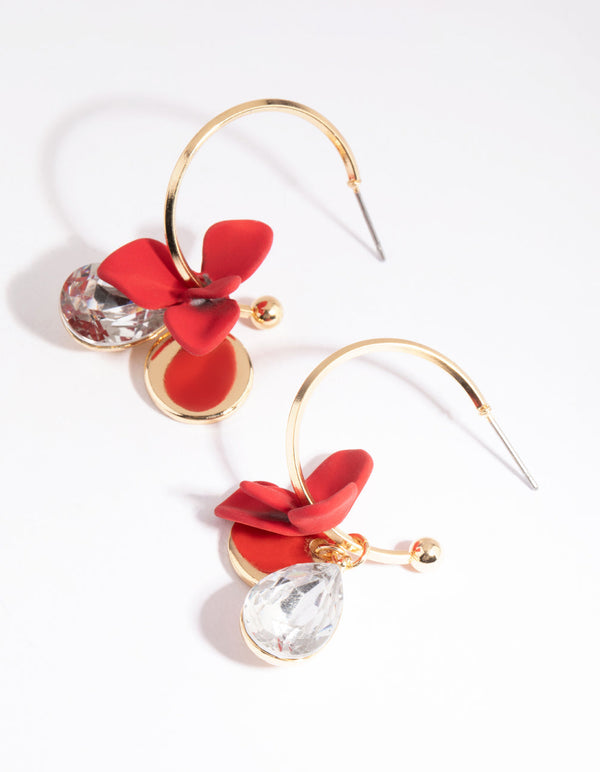 Red Flower Hoop Earrings with Diamante
