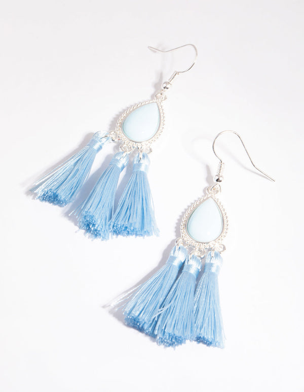 Blue Teardrop Tassel Drop Earrings