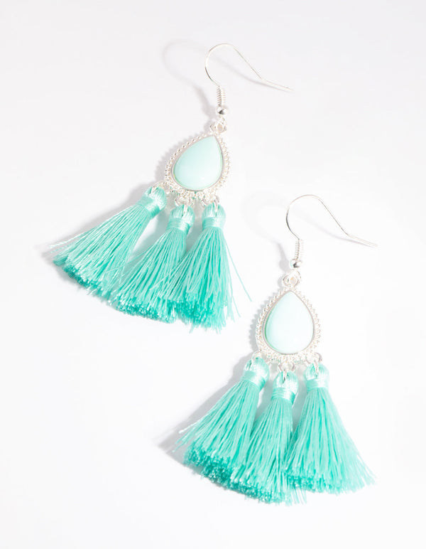 Teal Teardrop Tassel Earrings