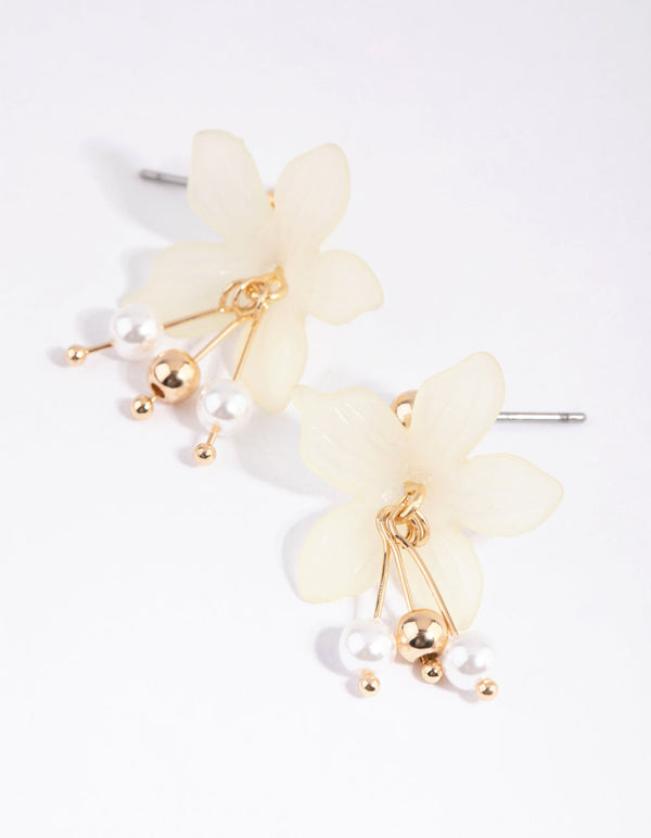 Gold Flower and Pearl Drop Earrings