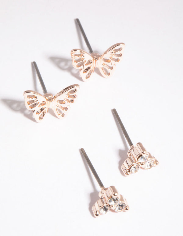 Rose Gold Diamante and Butterfly Earring Set