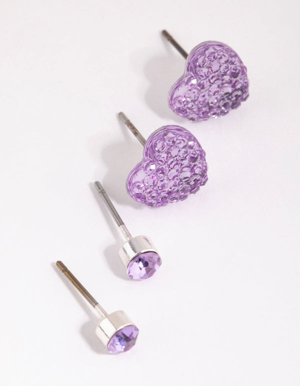Purple Diamante and Heart Earring Stud Pack