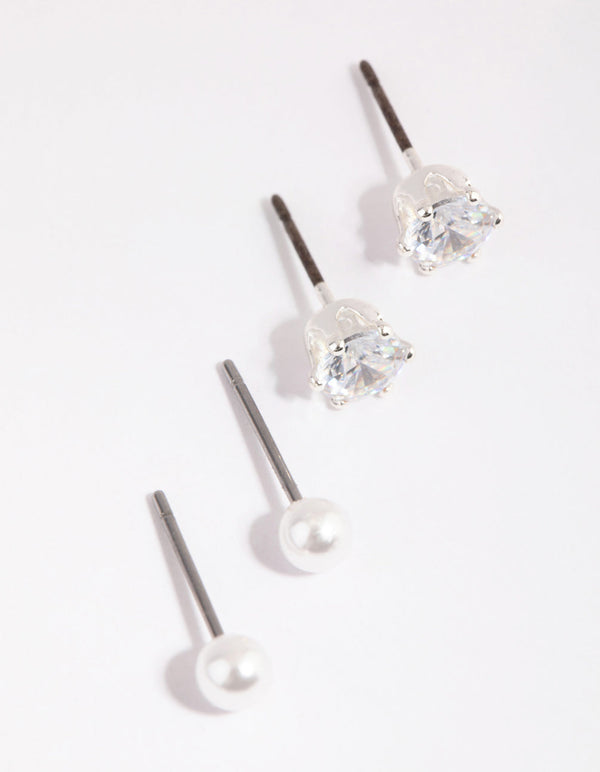 Silver Pearl and Cubic Zirconia Earring Set