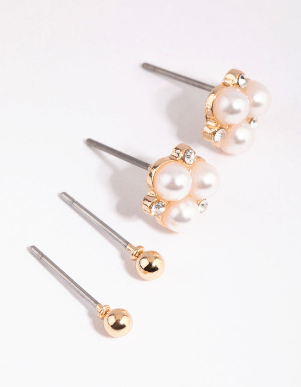 Gold Triple Pearl Stud Earring Set
