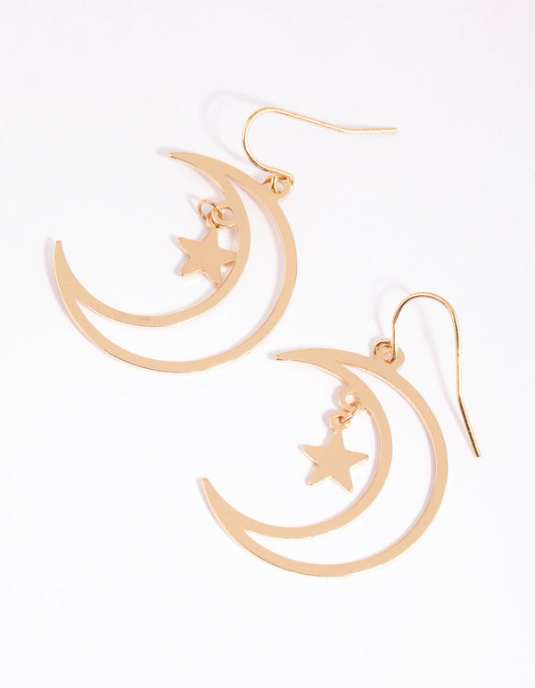 Gold Moon and Star Drop Earrings