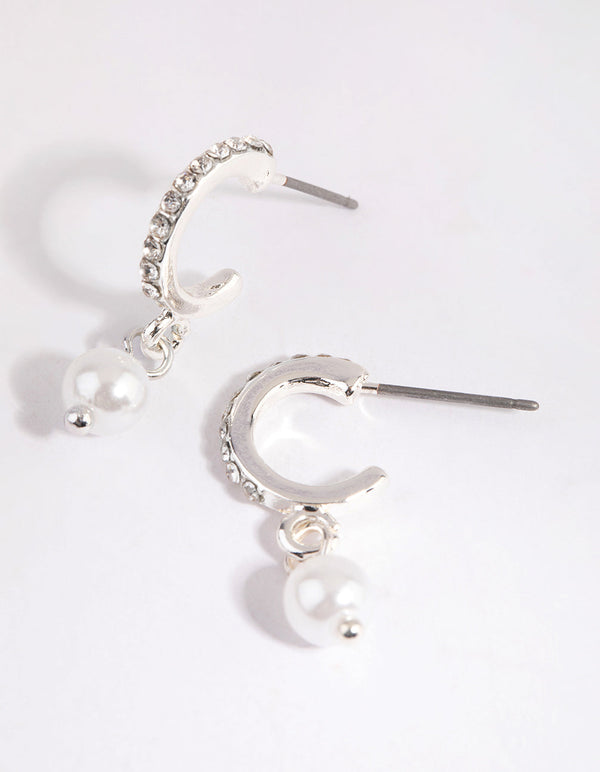 Silver Diamante and Pearl Huggie Earrings