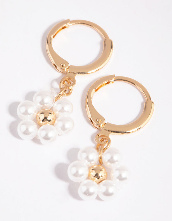 Gold Pearl and Daisy Huggie Earrings