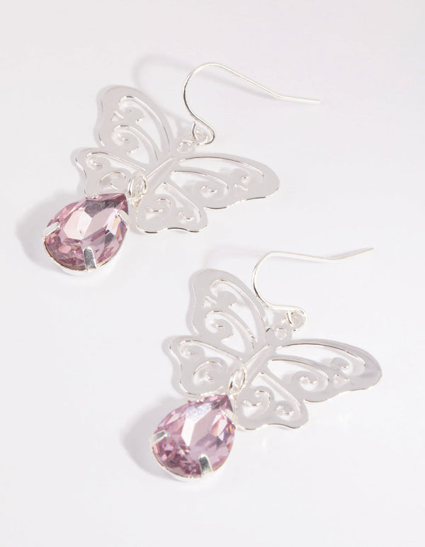 Silver Butterfly and Diamante Drop Earrings