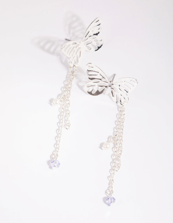 Silver Butterfly Chain Drop Earrings