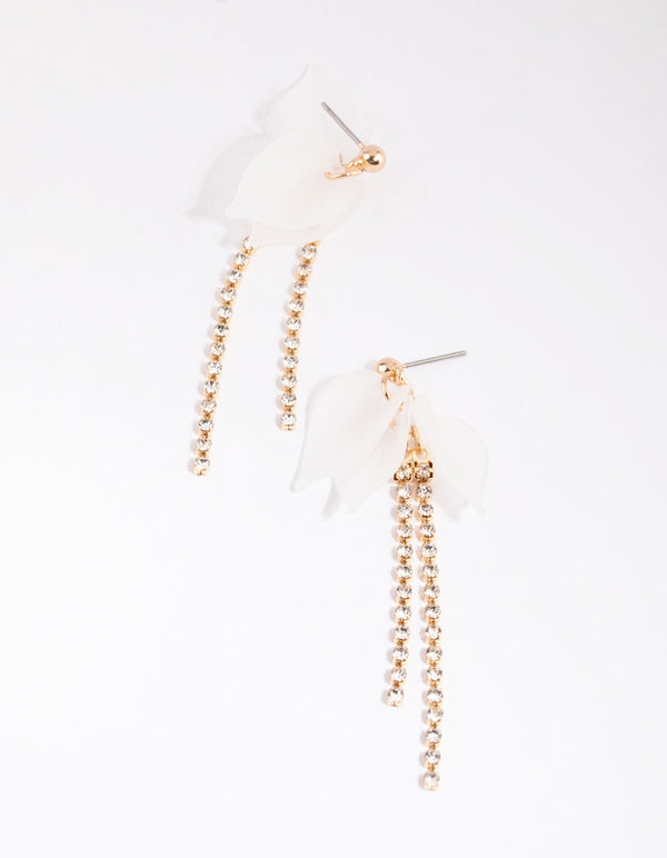 Gold Petal and Diamante Drop Earrings