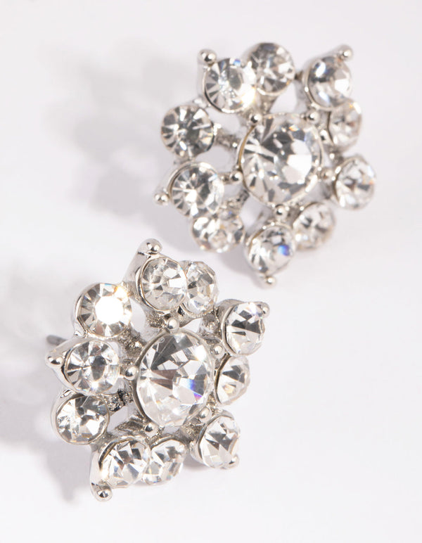 Silver Diamante Flower Stud Earrings