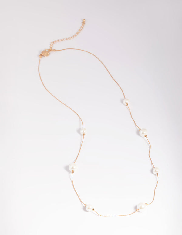 Gold Suspended Pearl Long Necklace