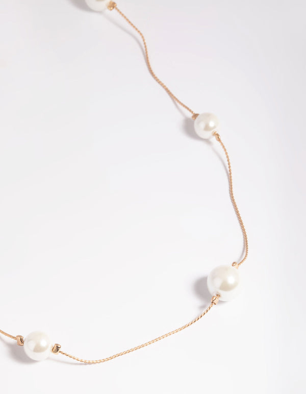 Gold Suspended Pearl Long Necklace