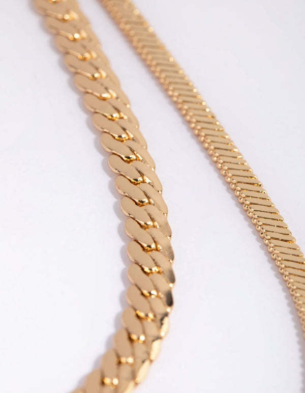 Gold Plated Herringbone and Snake Layered Necklace