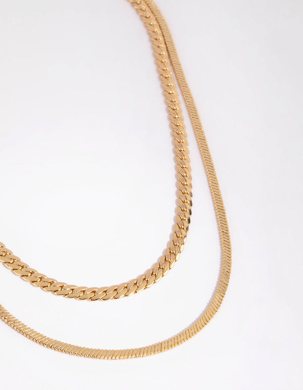 Gold Plated Herringbone and Snake Layered Necklace