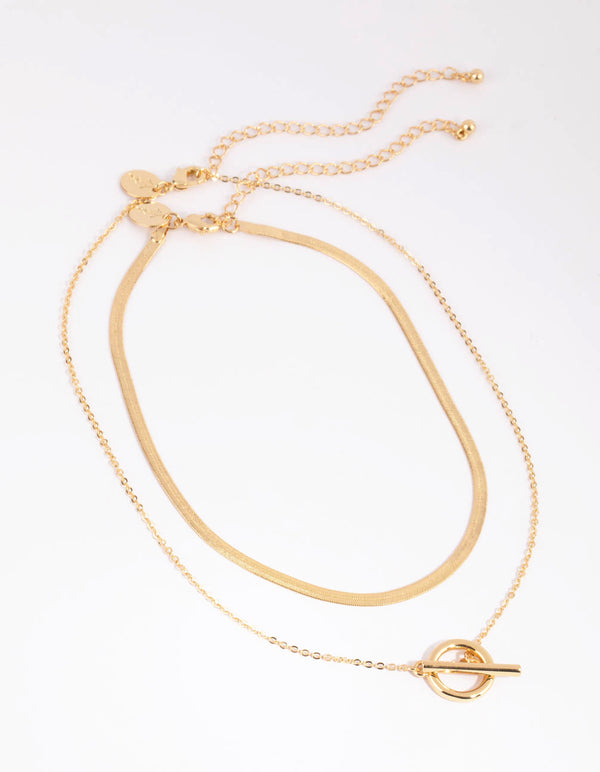 Gold Plated Snake and Fob Layered Necklace