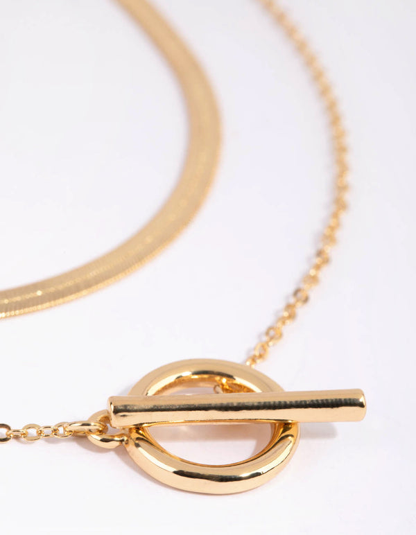 Gold Plated Snake and Fob Layered Necklace