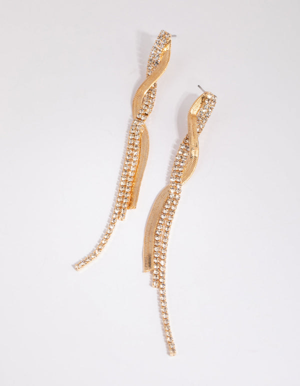 Gold Flat Snake and Cup Chain Drop Earrings