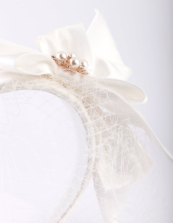 White Bow Pearl and Veil Headband