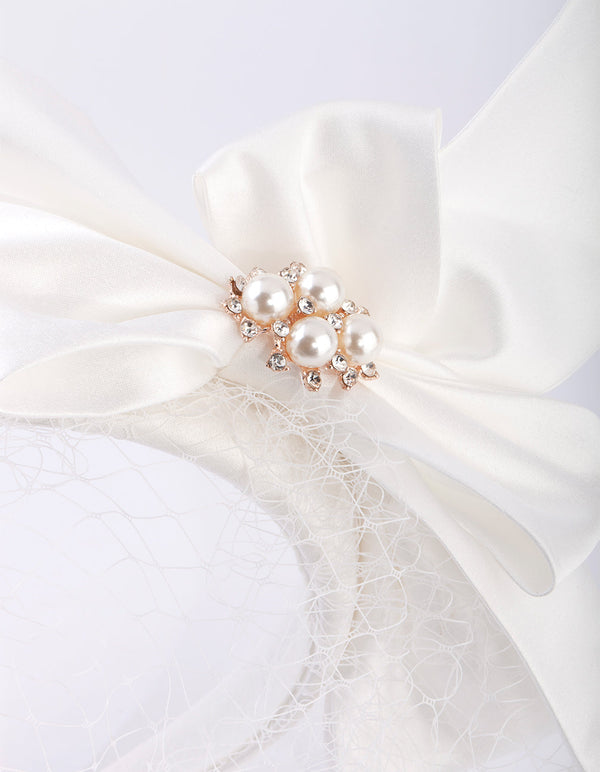 White Bow Pearl and Veil Headband
