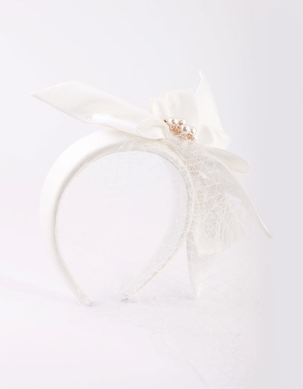 White Bow Pearl and Veil Headband