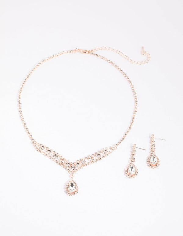 Rose Gold Diamante Necklace and Earrings Set