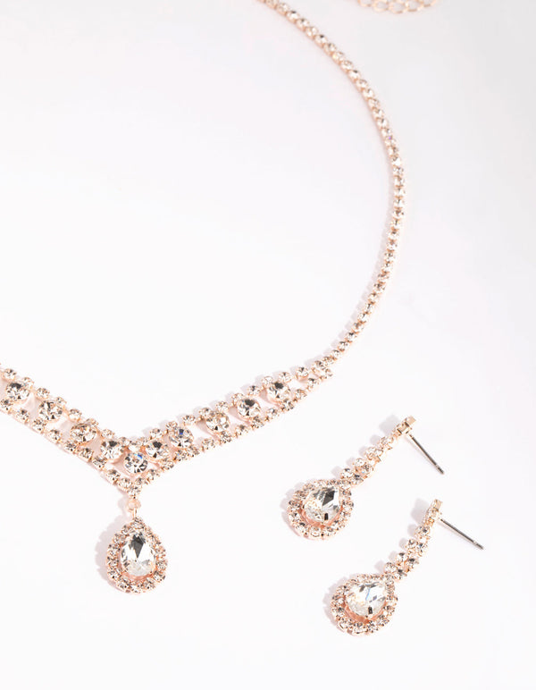 Rose Gold Diamante Necklace and Earrings Set