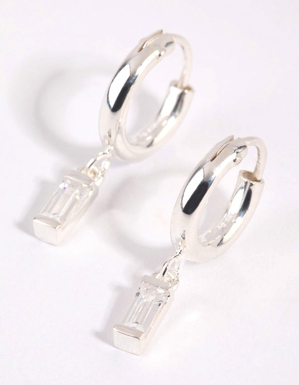 Sterling Silver Baguette Stone Hoop Earrings