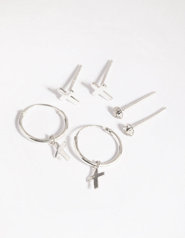 Sterling Silver Cross Stud and Hoop Earring Pack