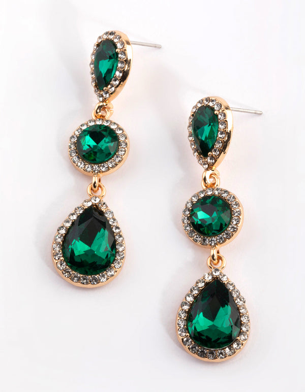 Green Diamante Circle and Teardrop Earrings
