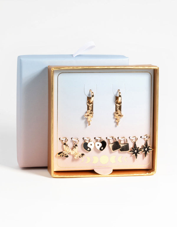 Gold Snake and Ying Yang Huggie Charm Earring Pack