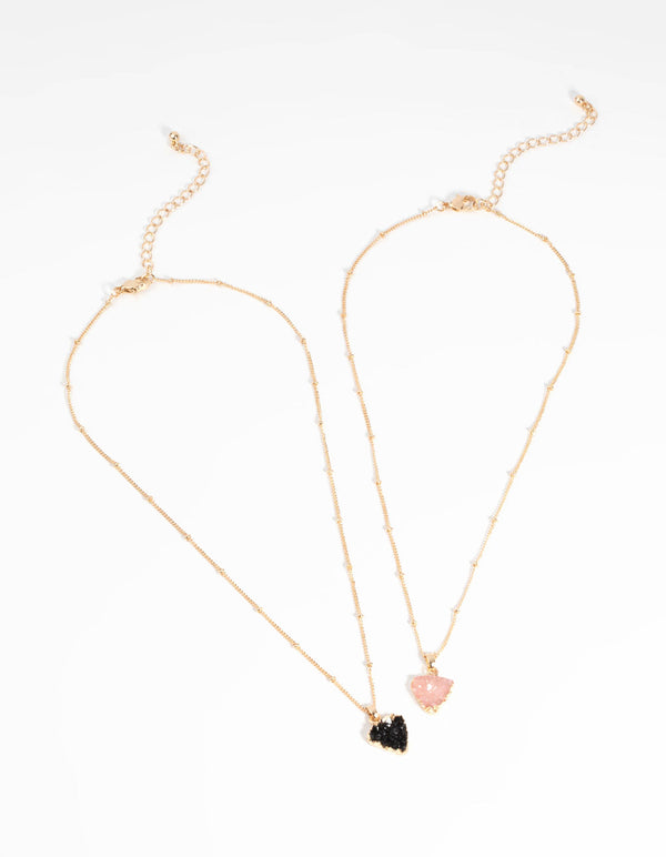 Gold Black and Pink Druzy Necklace Set
