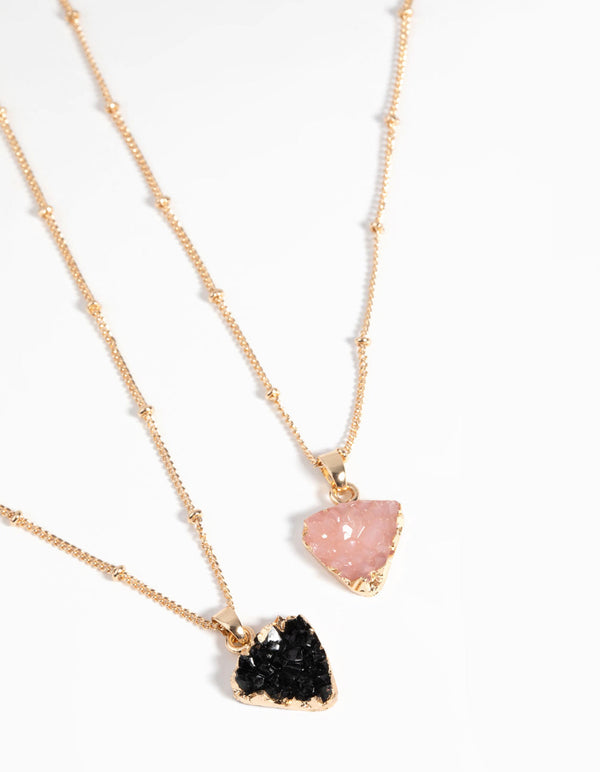 Gold Black and Pink Druzy Necklace Set