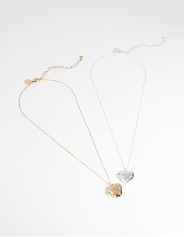 Mixed Metal Diamante Heart Locket Necklace Set