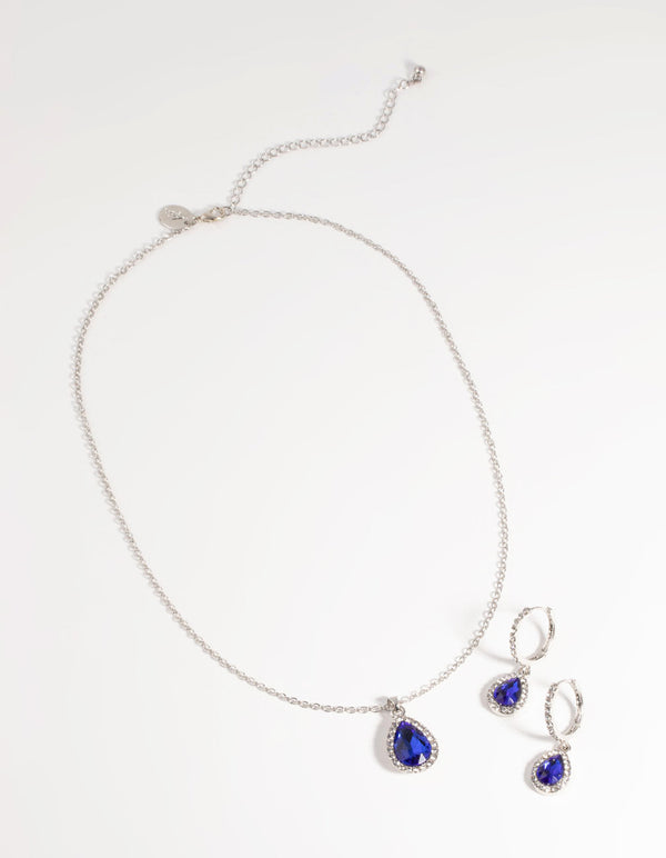 Silver Sapphire Necklace and Earring Set
