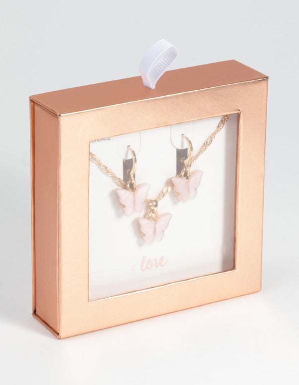 Gold and Pink Butterfly Necklace and Earring Set