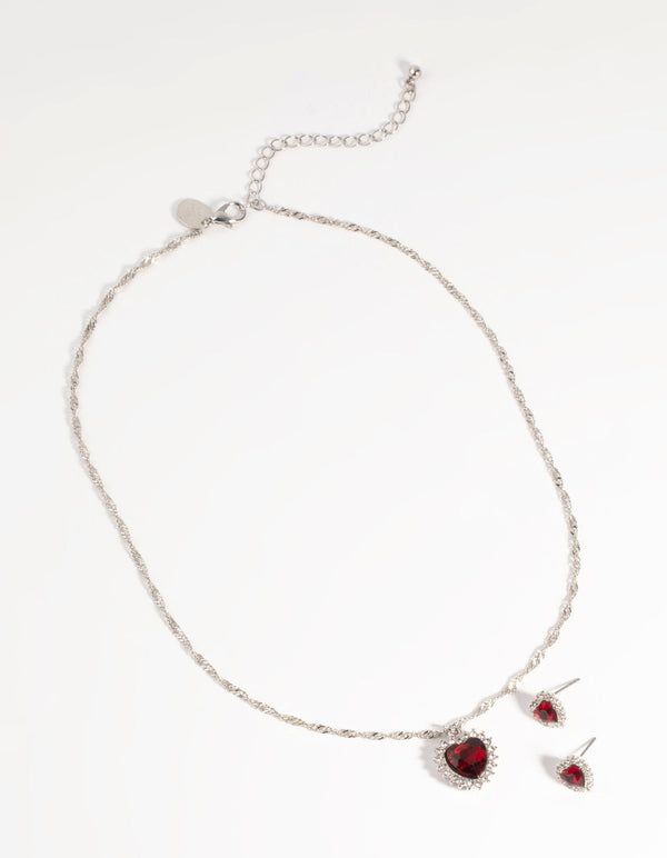 Rhodium Ruby Heart Necklace and Earring Set