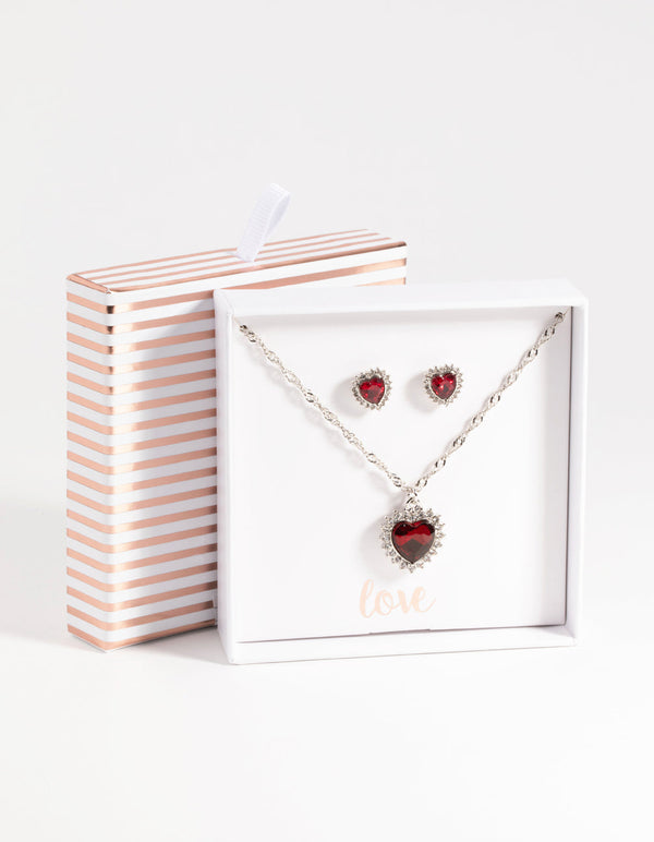 Rhodium Ruby Heart Necklace and Earring Set