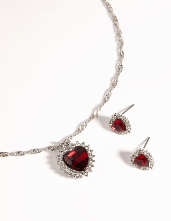 Rhodium Ruby Heart Necklace and Earring Set