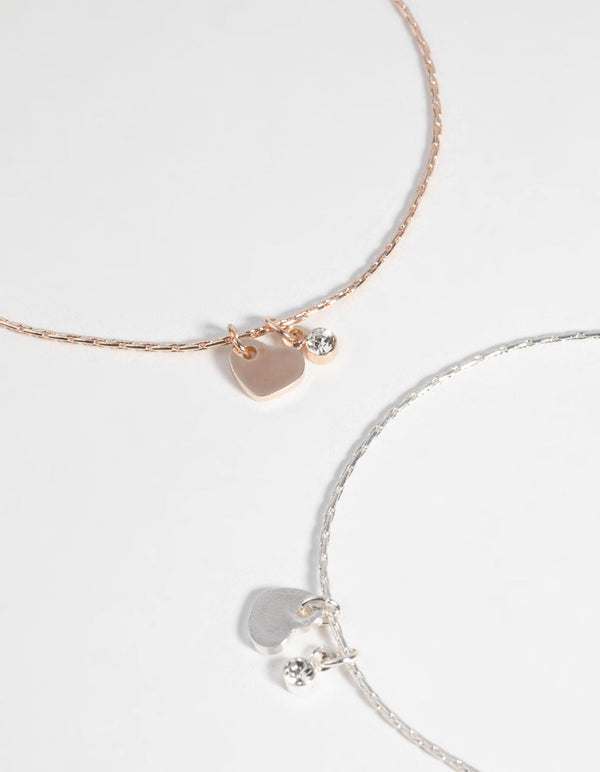 Mixed Metal Dainty Heart Charm Bracelet and Anklet Set