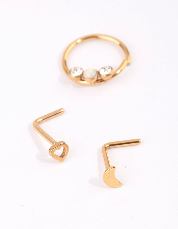 Gold Surgical Steel Heart and Moon Nose Studs