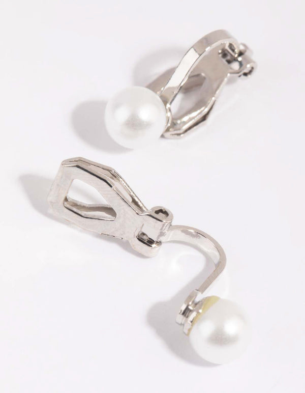 Rhodium Half Pearl Clip On Earrings