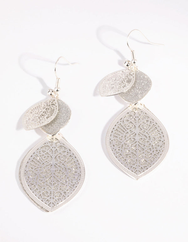Silver Glitter Leaf Earrings
