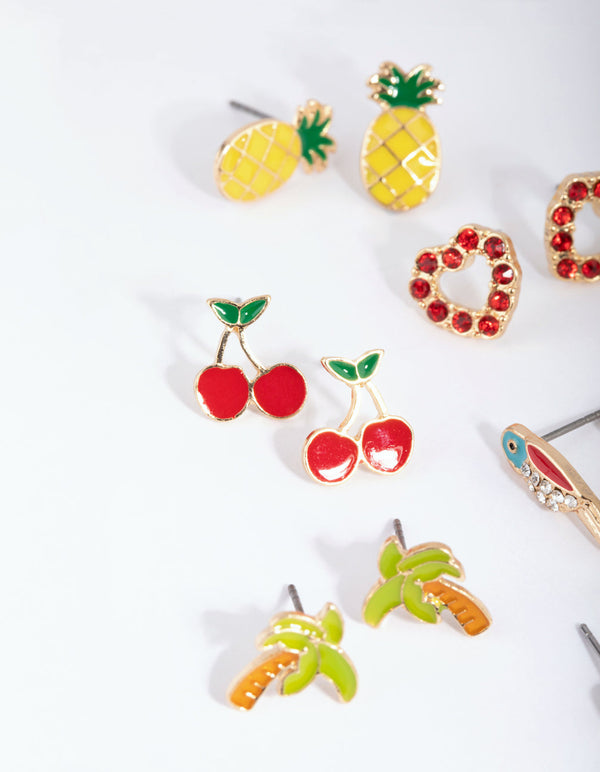 Gold Summer Fruit Stud Earring Pack