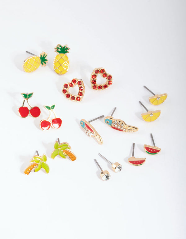Gold Summer Fruit Stud Earring Pack